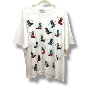VTG Country Boot Graphic White Embellished Oversized T-Shirt